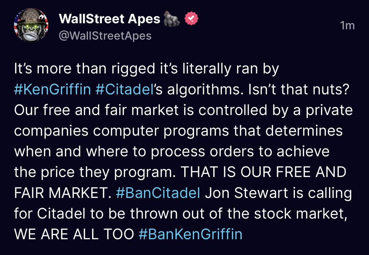 WallStreetApes's tweet photo. WE MUST BAN CITADEL FROM OUR MARKETS #CitadelScandal #BanCitadel $AMC $GME $APE $HYMC $DWAC #APE #AMC #GME #DWAC #HYMC #BanKenGriffin #SEC #CongressIsComplicit #KenGriffin #CongressCriminals https://t.co/iRUMjBKQqd