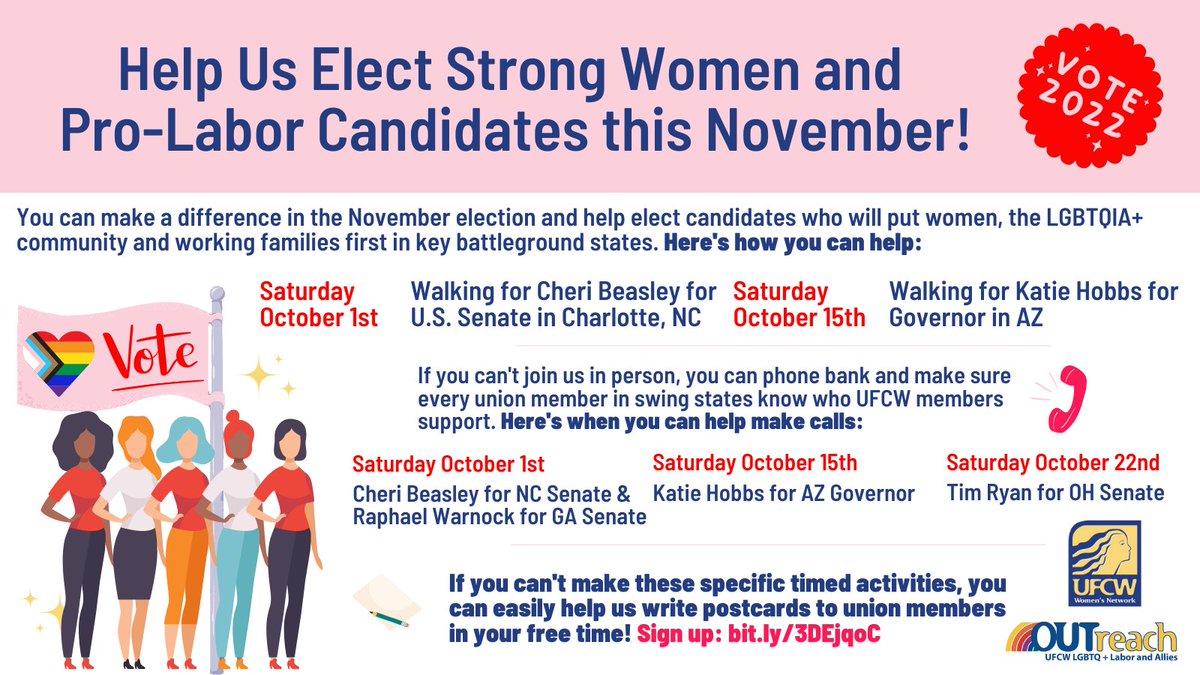 We need YOU! Join <a href="/UFCWwomen/">UFCW Women's Network</a> &amp; <a href="/UFCWOUTreach/">UFCW OUTreach</a> to get out the vote in crucial swing states such as AZ, OH, GA &amp; NC this election! 
Sign up to help walk in NC &amp; AZ, phone bank with your cell phone, or write postcards in your free time here: docs.google.com/forms/d/1Jw0dw…