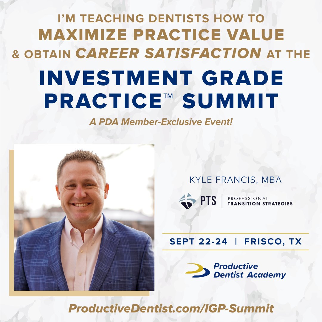 ProfessionalTS's tweet image. Tomorrow our founder and president Kyle Francis takes the stage at the Investment Grade Practice Summit to talk all about maximizing #dental practice value. We're thrilled to have him share details on how doctors can get the most value out of their transaction at this event!