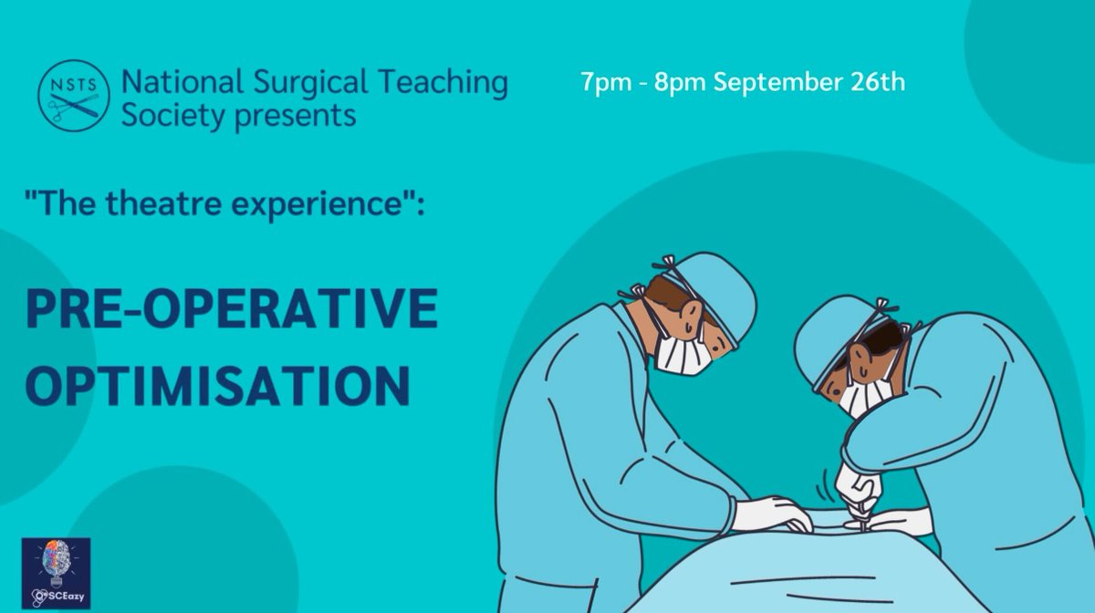 NSTS is running a 3-part series on ‘The Theatre Experience’ starting this 26th September!
This webinar aims to ease senior med students &amp; FY doctors into their surgical placements. Our 1st webinar is themed around "Pre-op optimisation". To register: app.medall.org/event-listings…