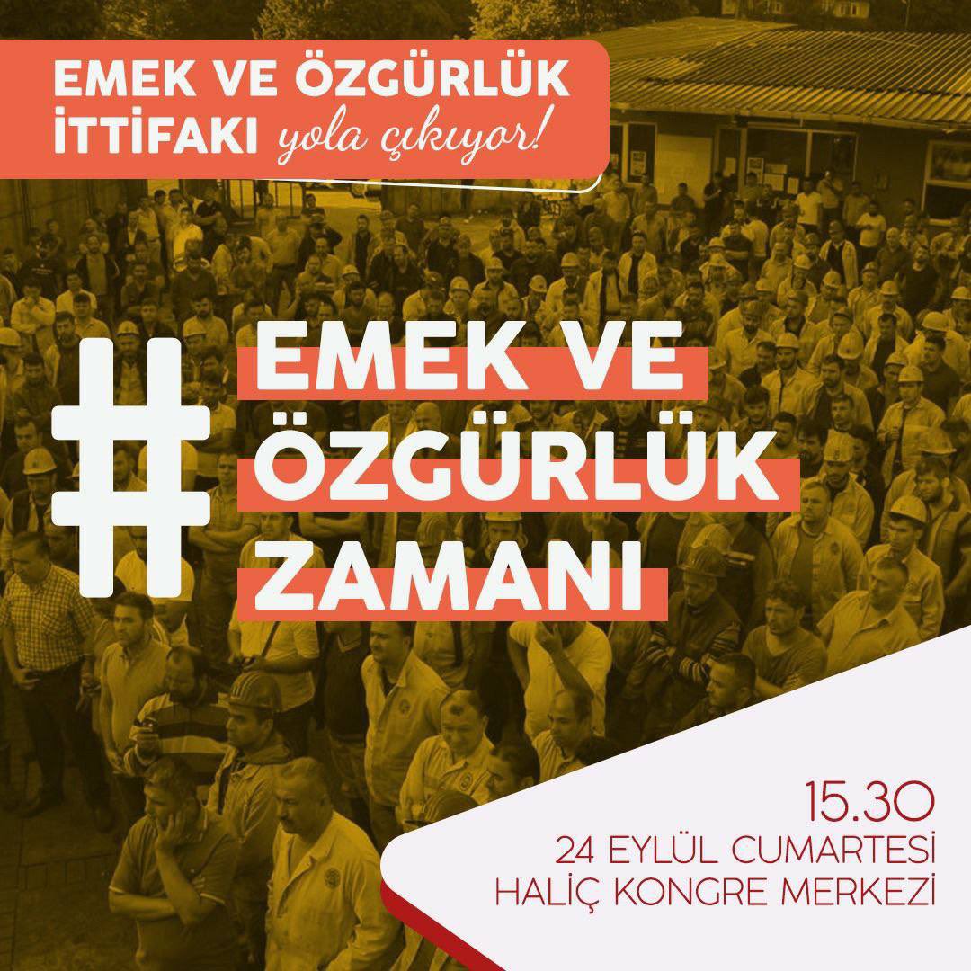 Cumartesi hepimiz içinbüyük gün! Demokrasi, barış ve özgürlük için bir araya geliyor, emeğin hakkı için mücadeleyi büyütüyoruz. Demokratik bir Türkiye’nin inşası bizlerin elinde, gelin umudun ittifakını hep birlikte büyütelim. #EmekveÖzgürlükZamanı