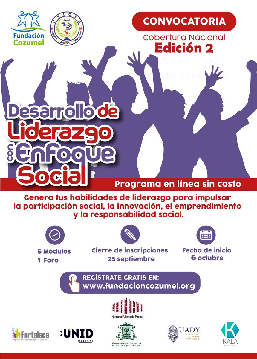 fccozumel's tweet photo. Para jóvenes de todo #México. Gratuito en línea.
Fórmate como líder social en tu comunidad.
INSCRÍBETE antes del 25 de septiembre. Beca 100%
👉 https://t.co/hGrNDsCgq6
Un programa en alianza con la #Unicva @uqroo_mx @uady_mx @UNID_Czm @FortaleceOSC y el apoyo de @NMontePiedad https://t.co/2TME1NC6pD