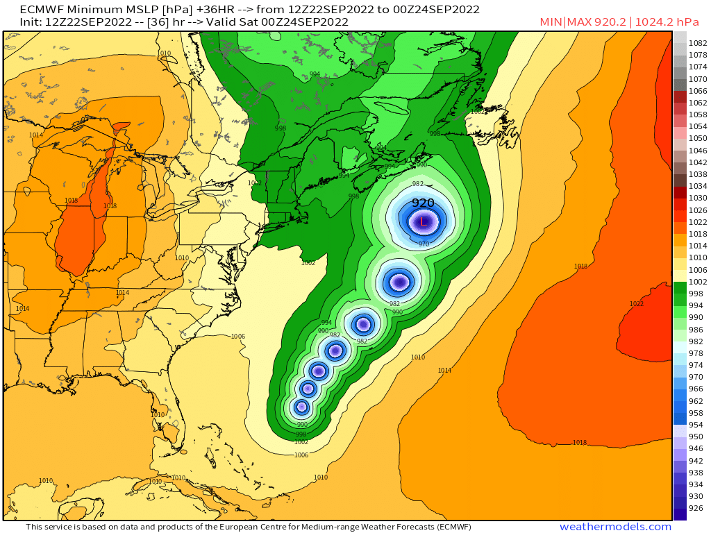 RyanWeather's tweet photo. The ECMWF model forecast of extratropical transition of #HurricaneFiona is the most extreme weather system for Canada on record ... unprecedented by a mile.
920 hPa central pressure is like a Cat 5 hurricane. Winds will cause widespread damage to Nova Scotia. https://t.co/g6tDuiZm4d