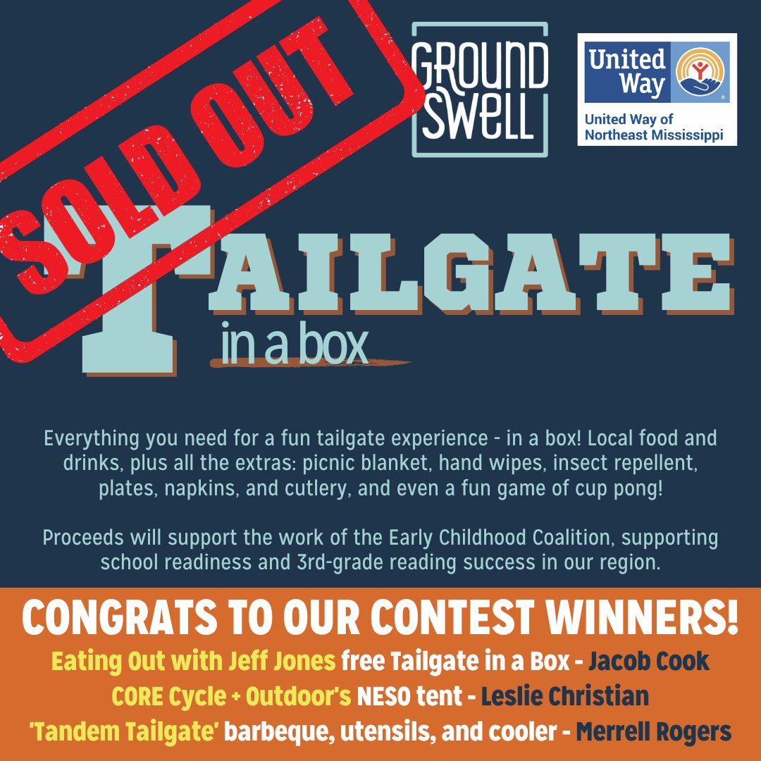 groundswellms's tweet photo. Tailgate in a Box is sold out! We can't wait for everyone to pick up and enjoy their boxes tomorrow. Congrats to our contest winners Jacob, Leslie, and Merrell, and thank you for everyone for supporting the Early Childhood Coalition! https://t.co/KKF2OoTCda