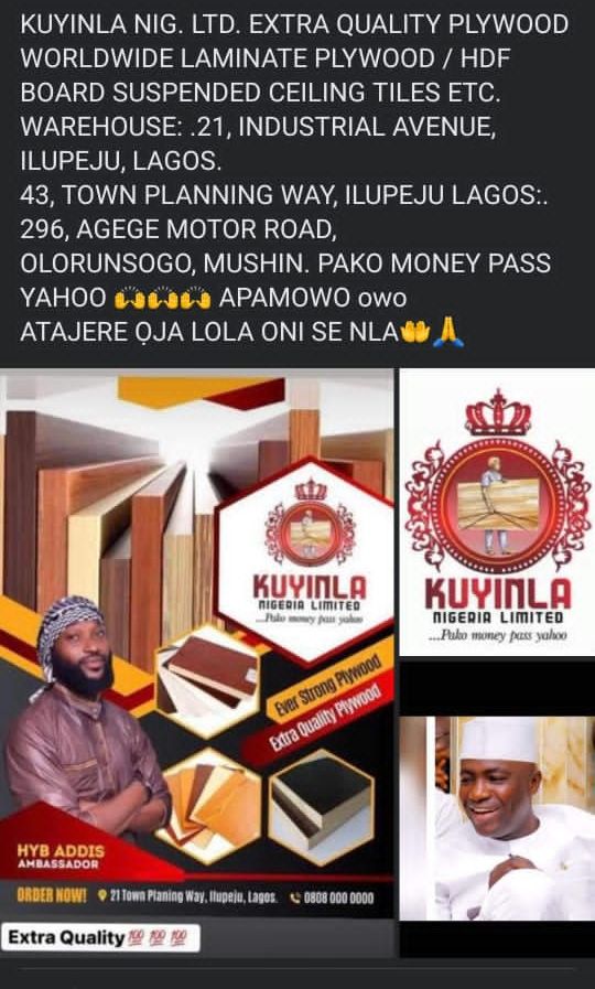 opalescent_opal's tweet photo. For the best quality Plywood 

Long lasting 

Value for your money 

Kunyinla Nigeria limited is your best bet 

#KUNYINLANIGLTD https://t.co/KHXGuJ4qZp