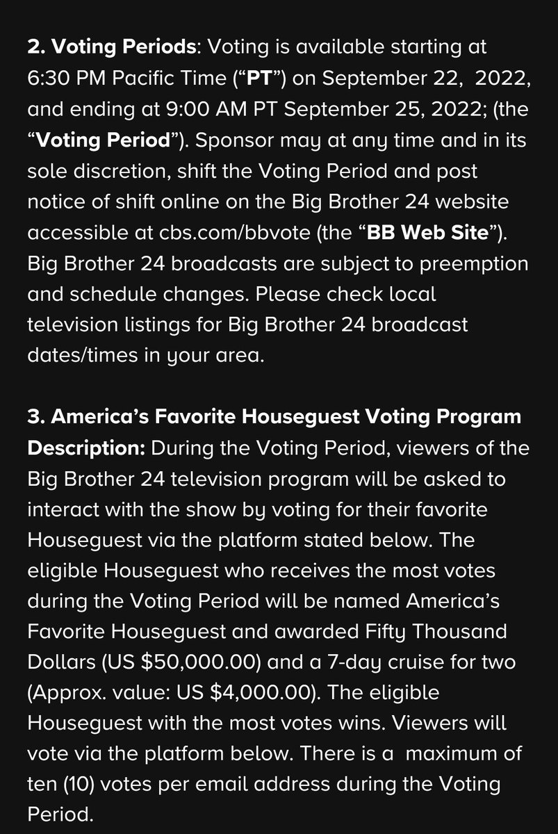 ButFirstRoxy's tweet photo. This year America's Favorite Houseguest will not only get $50,000 but also a 7-Day cruise for 2 people!!!! 

Looks like voting will be done online, I do not see a texting option currently. Voting opens TONIGHT 9/22 at 6:30pm BBT and ends Sunday 9/25 at 9:00am BBT. 
#bb24 https://t.co/OlNfNieSTo