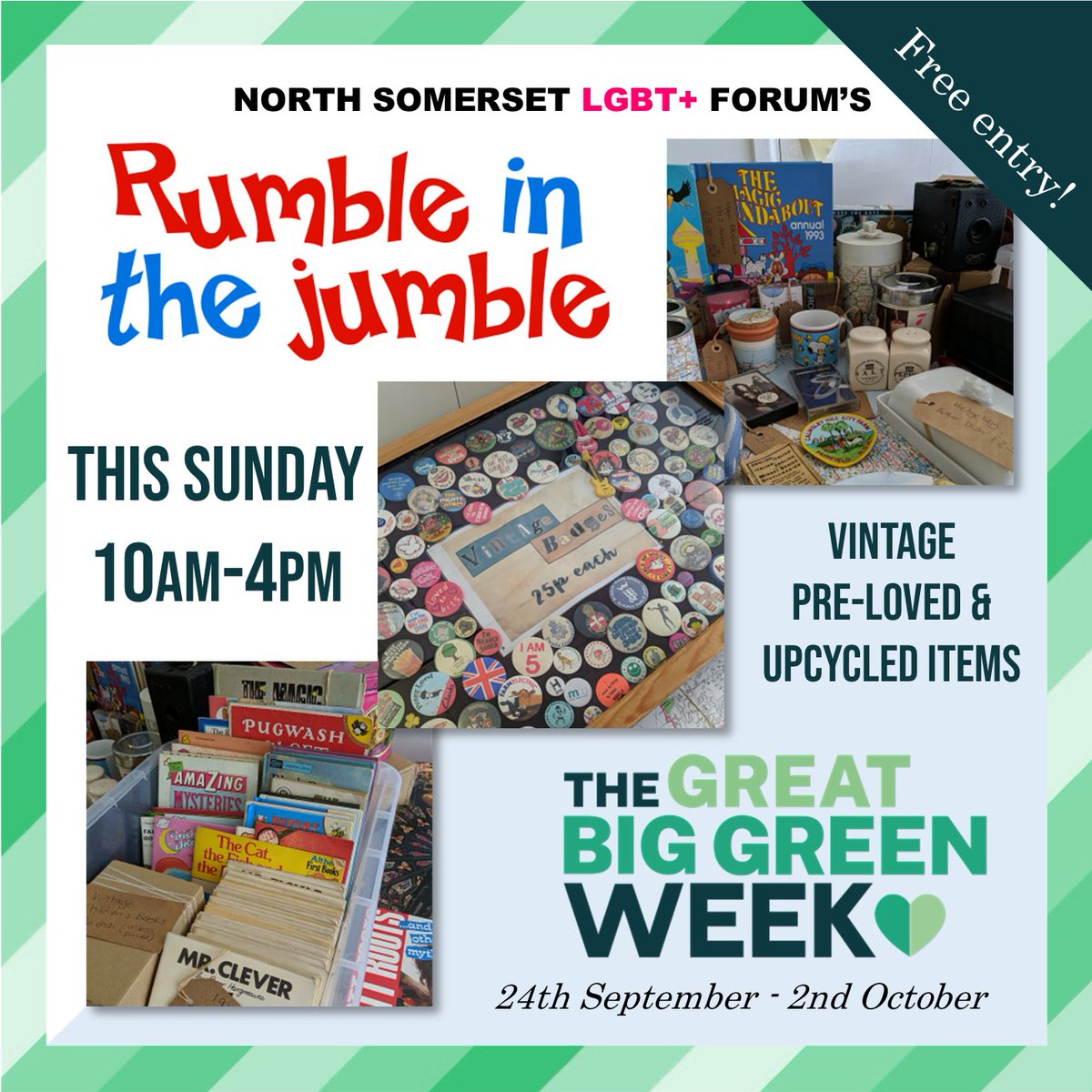 As part of the Big Green Week (running 24 Sept - 2 Oct), we are holding a special Rumble in the Jumble this Sun 25th Sept between 10-4 specially themed to include pre-loved, vintage and upcycled items, which have plenty of life in them to be reused and enjoyed for years to come!
