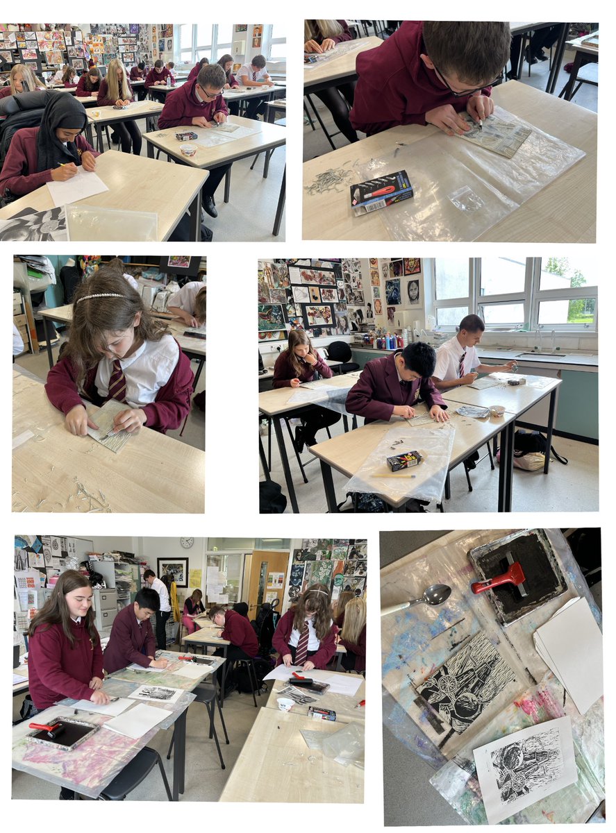 S3 put their teapot, fabric and fruit together to produce a lino print . A few plasters were needed when people forgot to keep their other hand out of the way ! 🤕🫢<a href="/StModansHS/">St Modan’s High School</a>