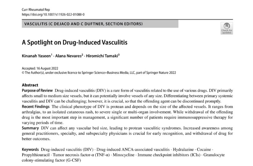 Excited to share our recent review on drug induced vasculitis 
Drug induced AAV: hydralazine, PTU, cocaine, TNF inhibitors, immune Check point inhibitors (ICI) 
Drug induced MVV: minocycline, ICI 
Drug induced LVV: ICI, G-CSF 
Drug induced CNSV: cocaine, amphetamine