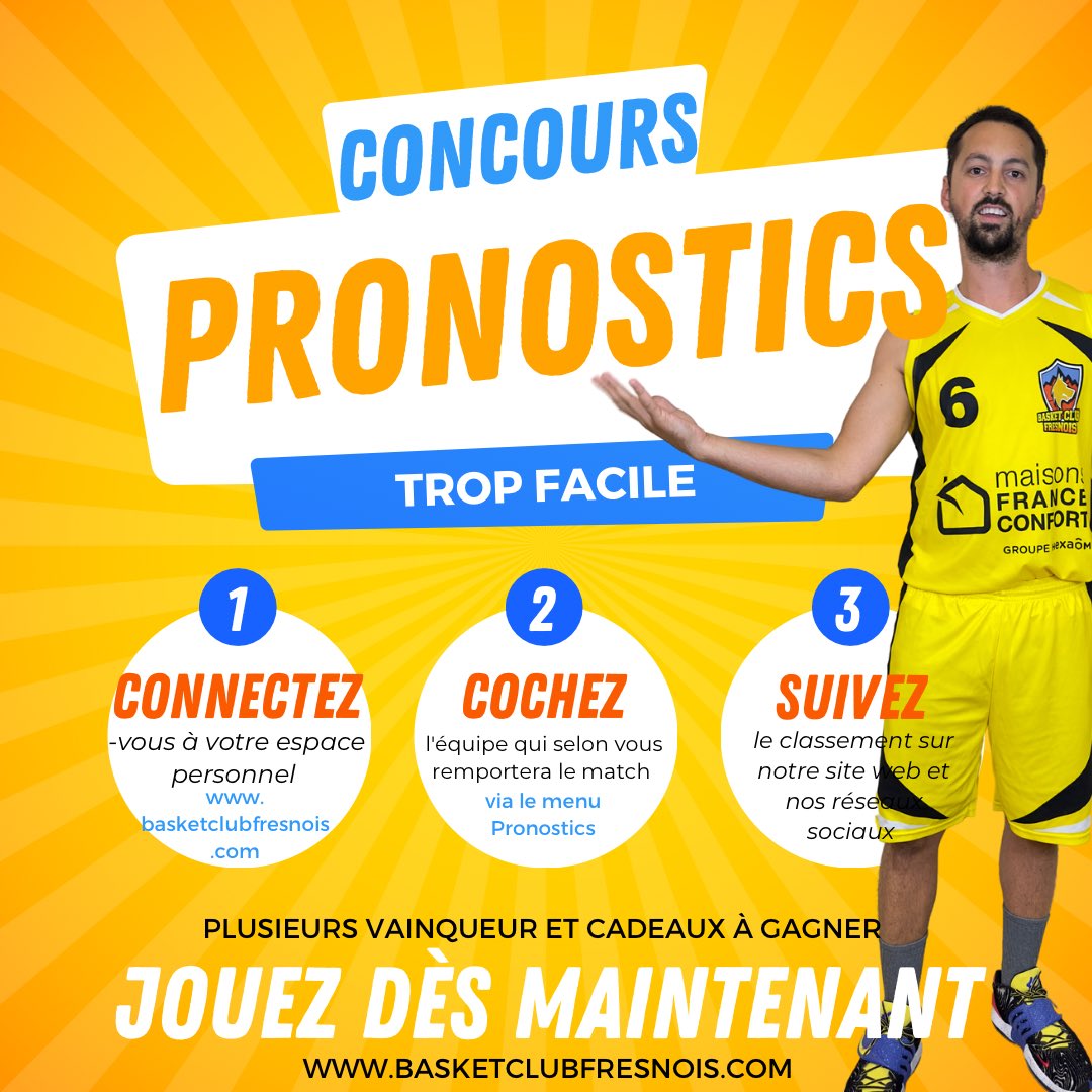 BCFresnois's tweet photo. Faites comme Arthur et jouez au jeu des pronostics pour les matchs de ce week-end! Rendez-vous dans votre espace personnel pour choisir qui gagnera les matchs admissibles 
#wethenorthsarthe🐺 #fresnaysursarthe #alpesmancelles #basketball #basketsarthe https://t.co/ErBLsQHz0V