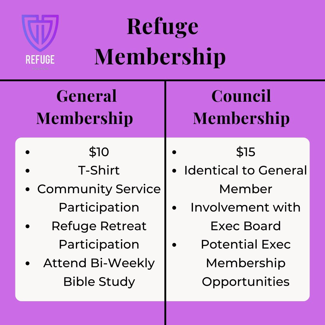 RefugeUnt's tweet photo. Want to be a member of Refuge? Take a look at our different memberships💜✝️ https://t.co/qH4shAYnlF