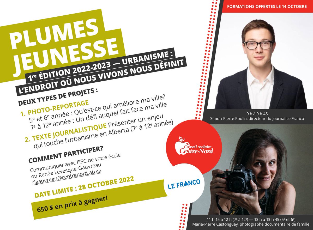 CSCNInfo's tweet photo. Plumes jeunesse en collaboration avec le journal @JournalLeFranco revient cette année ! Le thème pour la première édition cette année est Urbanisme - L'endroit où nous vivons nous définit.  Nous invitons les élèves de la 5e à la 12e année des écoles du CSCN à prendre la parole! https://t.co/10w1IsOhlp
