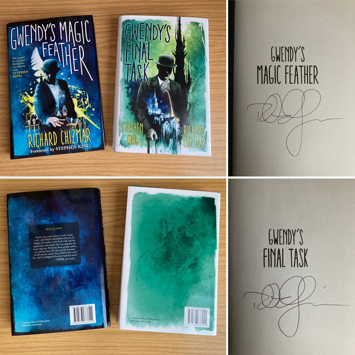 s77tux's tweet photo. Awesome delivery from @CemeteryDance arrived today: #GwendysMagicFeather and #GwendysFinalTask First Editions, both signed by @RichardChizmar…Looking forward to reading them and completing the #GwendyTrilogy! #KeepBooksAlive https://t.co/o2OxoB1AZe