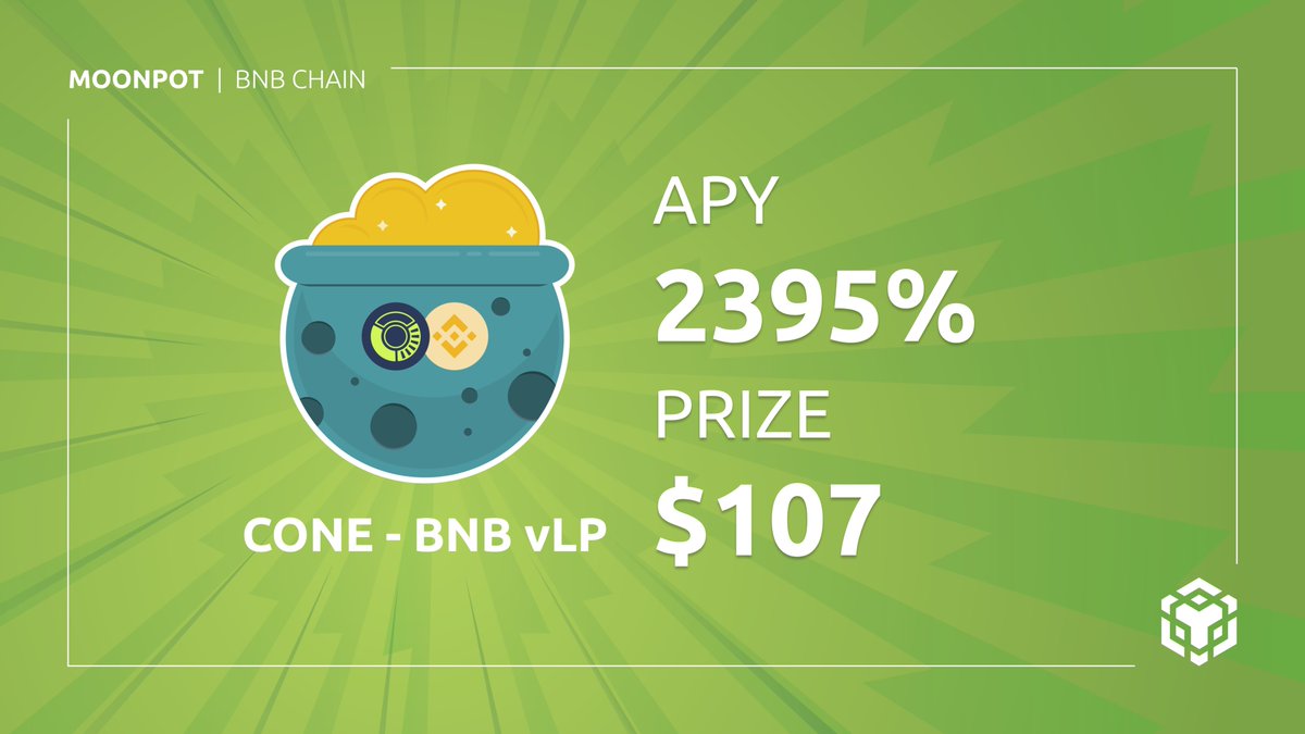 🤯 The <a href="/Coneswap/">Cone.Exchange</a> $CONE - $BNB vLP POT is the APY champion

🚀 2,395% in $CONE - $BNB vLP &amp; bonus $POTS
 🍀 $107 prize in $CONE - $BNB vLP
 
💰 Let's win-win!

👉 play.moonpot.com/#/pot/cone-bnb