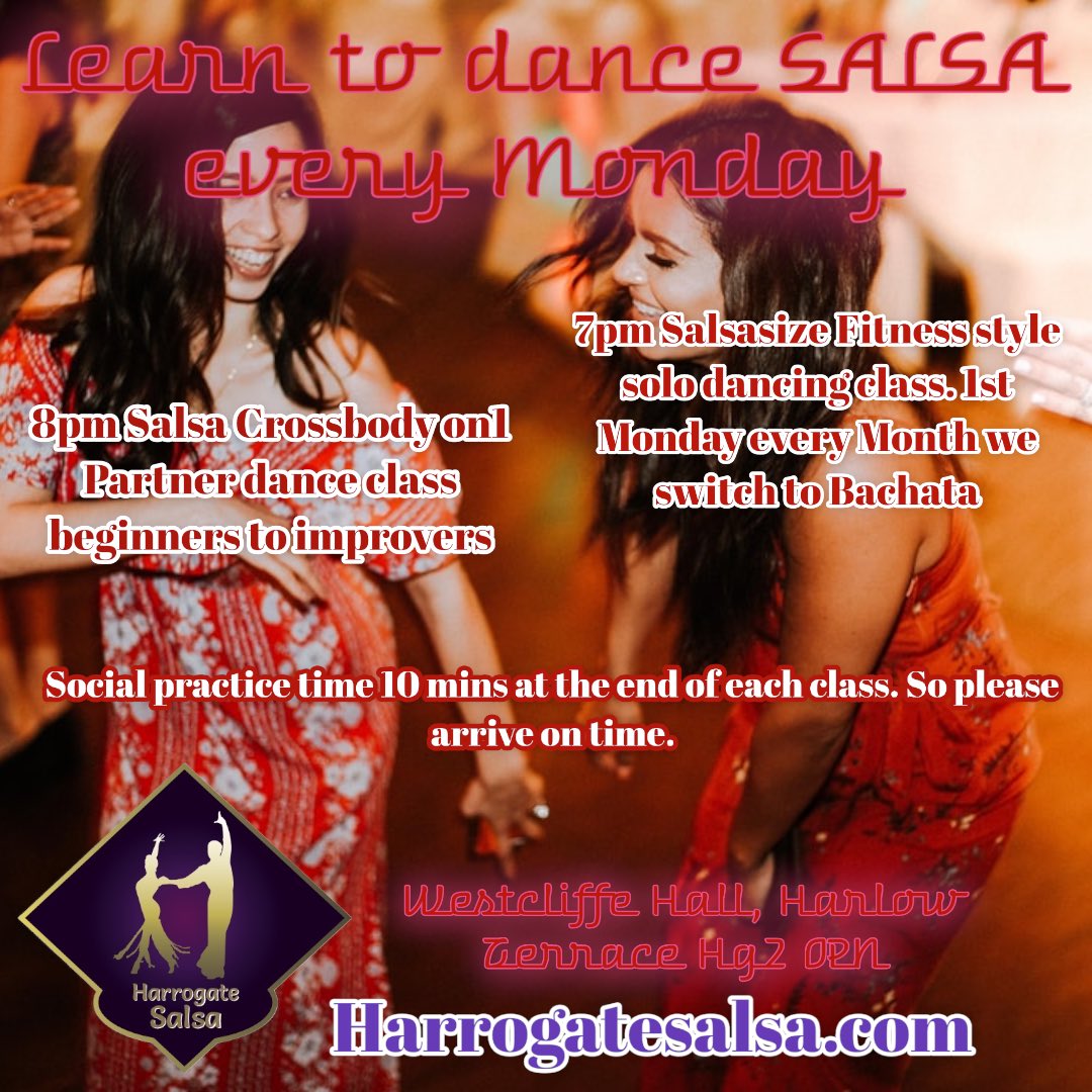 salsaTam's tweet photo. Every Monday. Join us Westcliffe Hall Hg2 0PN. Two fun classes. 7pm exercise style salsa bachata  class. 8pm salsa class. Everyone welcome. No classes on Monday 3rd October. Back Monday 10th. #harrogatesalsa #learntodance #salsa4fun #salsadancing https://t.co/gwiUpu3Yx7