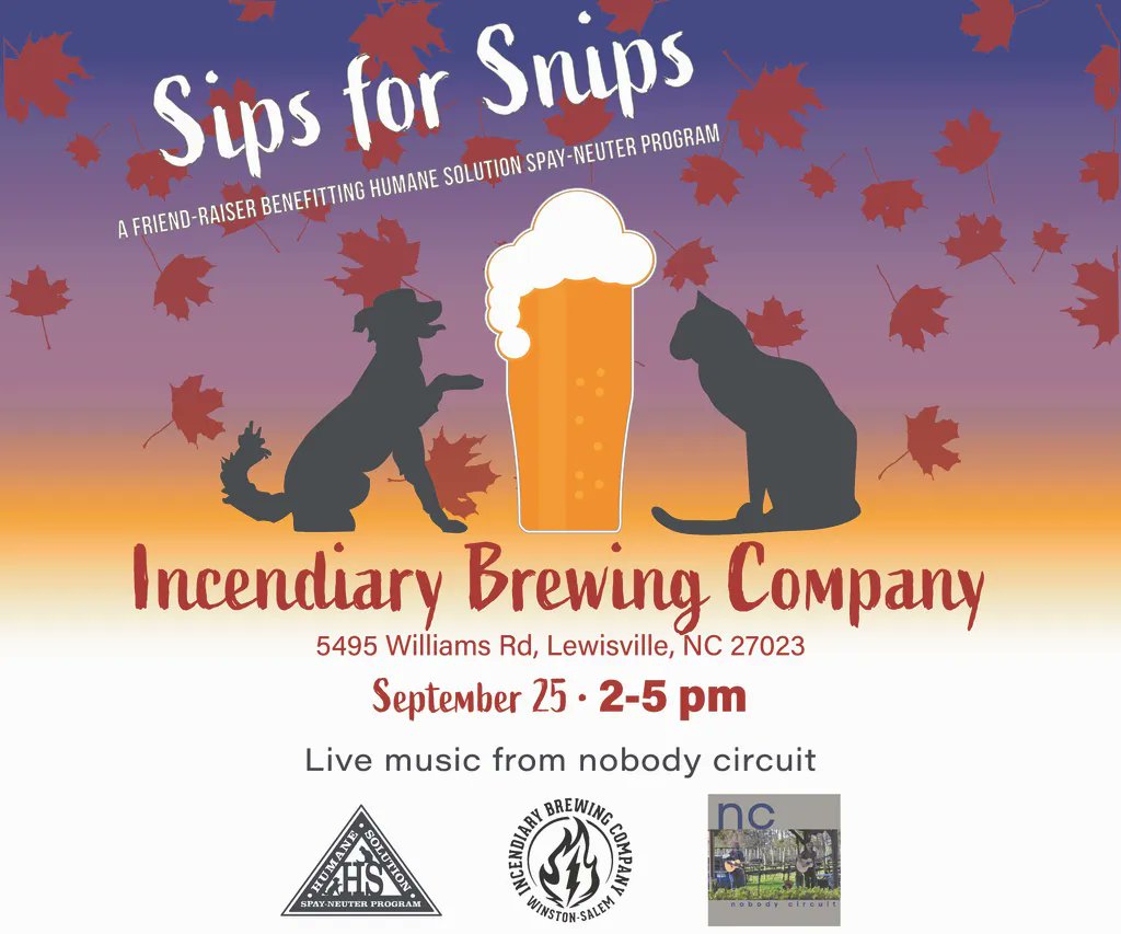 humane_solution's tweet image. Come hang with us this Sunday! Beer, music, pets! 
Where: Incendiary Brewing Company Lewisville location ➡️5495 Williams Rd, Lewisville, NC 27023
When: Sunday September 25, 2-4pm
Tunes: nobody circuit (nobodycircuit.com
)
BYOP (Bring Your Own Pets)