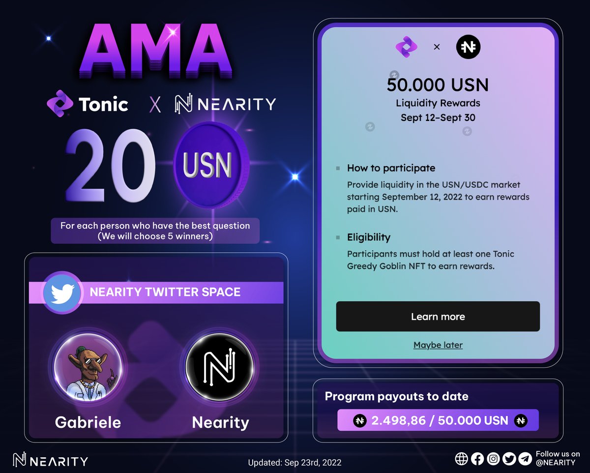 Nearity_org's tweet photo. 🚨NEARITY X TONIC DEX #AMA🚨
💰20 $USN - 10 Best Question

🛑48hrs &amp; Rules:
1⃣👍, RT &amp; Fl @tonicdex &amp; @Nearity_org
2⃣Join TG https://t.co/2CoyyQPm7y &amp; https://t.co/WKGqFSgoJA
3⃣Submit your question: https://t.co/AwrcNWkYaZ

#NEAR #Nearity #NFTs #NFTartists $NEAR #NFTcollections https://t.co/ILE744AA04