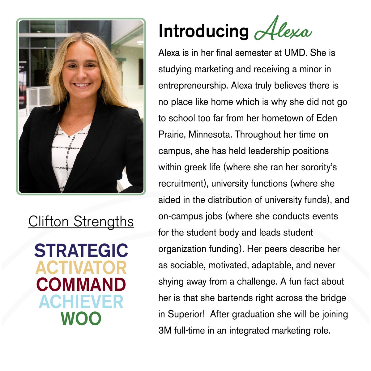 It's about time we start introducing our Entrepreneurship Conference planning team! First up, we have Alexa Tessmann as our Speaker Selector Director. She is the lead for all communication, accommodation, and selection of the conference speakers. #UMD #duluthmn #duluth