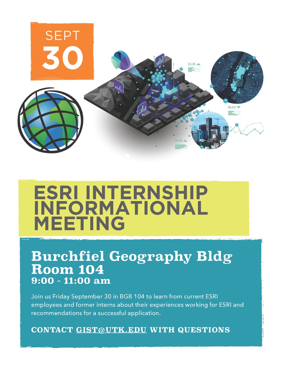 We're hosting an informational session all about interning with @esri later this month for UTK students. Full details on Handshake: bit.ly/esri_internship

Friday Sept 30 from 9-11 am in Burchfiel Geography Bldg Room 104. Stop by anytime.