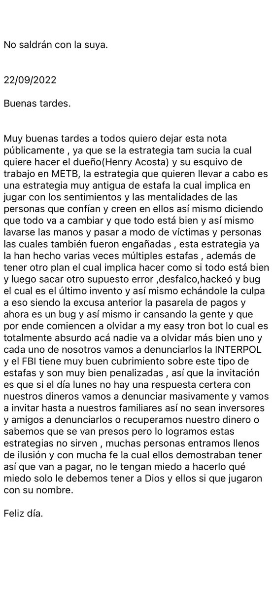 METB_ESTAFA's tweet photo. Hola a todos ,les dejo el siguiente comunicado ellos no se van a salir con la suya #myeasytronbotscam #henryestafa #instagramdown #GFvip #Worlds2022 #CNN #FBICBS https://t.co/CfltGXlgFP