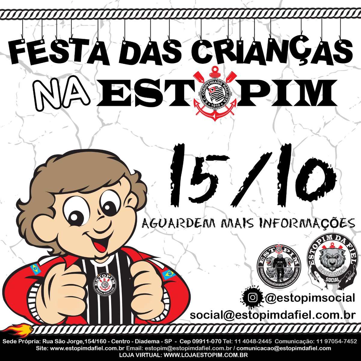 estopimdafiel's tweet photo. FESTA DAS CRIANÇAS NA ESTOPIM DA FIEL
Acontecerá em nossa Sede, no dia 15/10 (sábado), mais uma edição da tradicional Festa de Dia das Crianças.
Tragam os pequenos para passarem o dia conosco.
Aguardem mais informações.
#EstopimDaFiel
#Estopim
#FestaDasCrianças
#DptoSocial https://t.co/DS5xjkTEd6