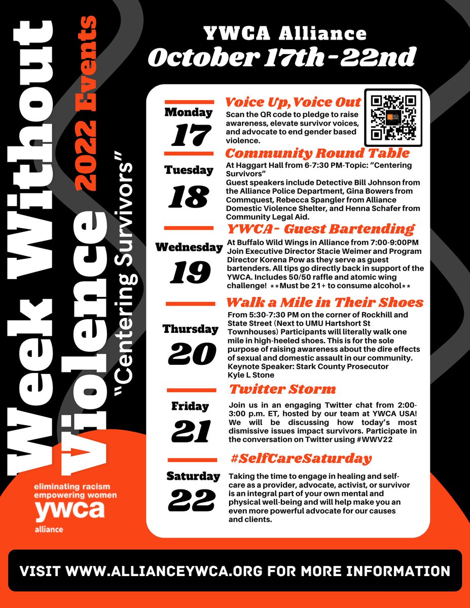 AllianceYwca's tweet photo. Check out our Week Without Violence Calendar! More information will be coming out as we approach. We hope to see you at some of our events! 

For more than 20 years, YWCA has set aside one week in October as Week Without Violence. This year, the focus is “centering survivors”. https://t.co/uQ6kmw4b93