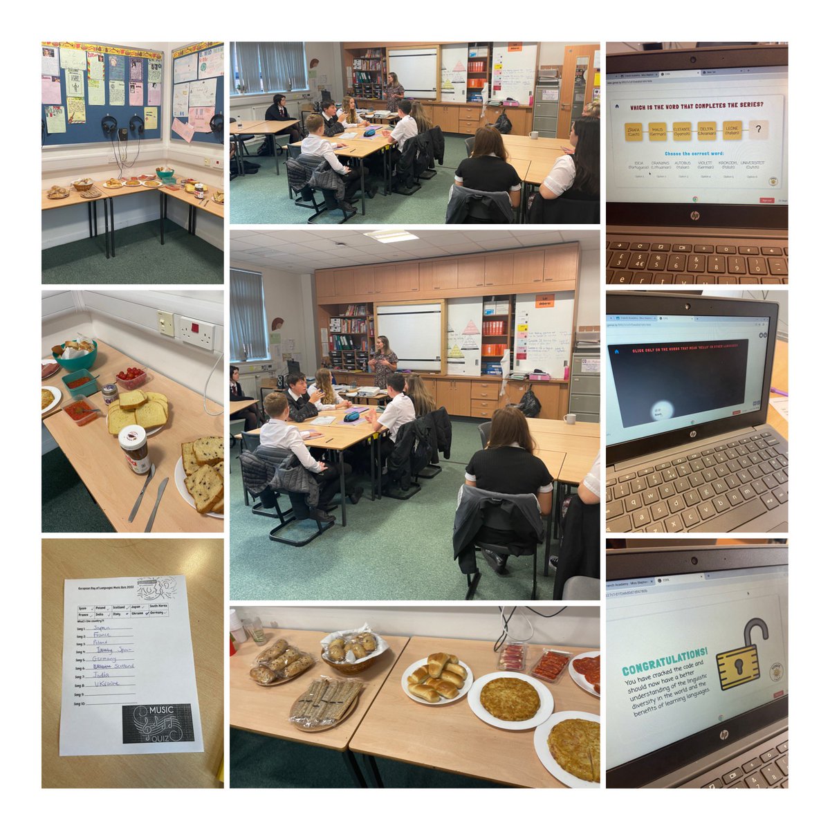 SL_THS_Spanish's tweet photo. Today we celebrated #europeandayoflanguages 🇪🇺 We enjoyed lots of activities such as a music quiz, an escape room, European breakfast, making tortilla española (Spanish omelette), salsa dancing and many delicious treats 🍫🍰 We celebrated all the languages spoken at @SL_TrinityHS https://t.co/jSTyAOUCdv
