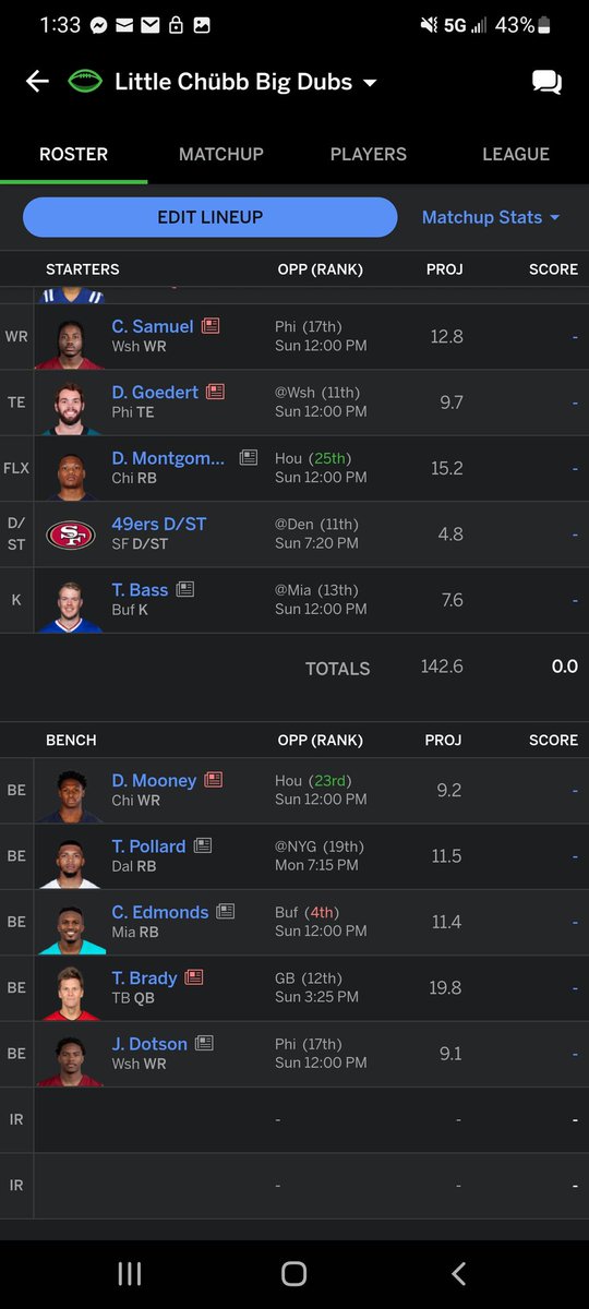 AdHallerAm05's tweet photo. @JoePisapia17 Joey P! Need trade advice, here is my team. 

Guy wants an RB.

I want his Ceedee Lamb. He sent me a weak trade a few days ago, wanting Montgomery. Do I offer back with Monty/Dotson for Lamb?

Thanks man! https://t.co/12DuwRUhku