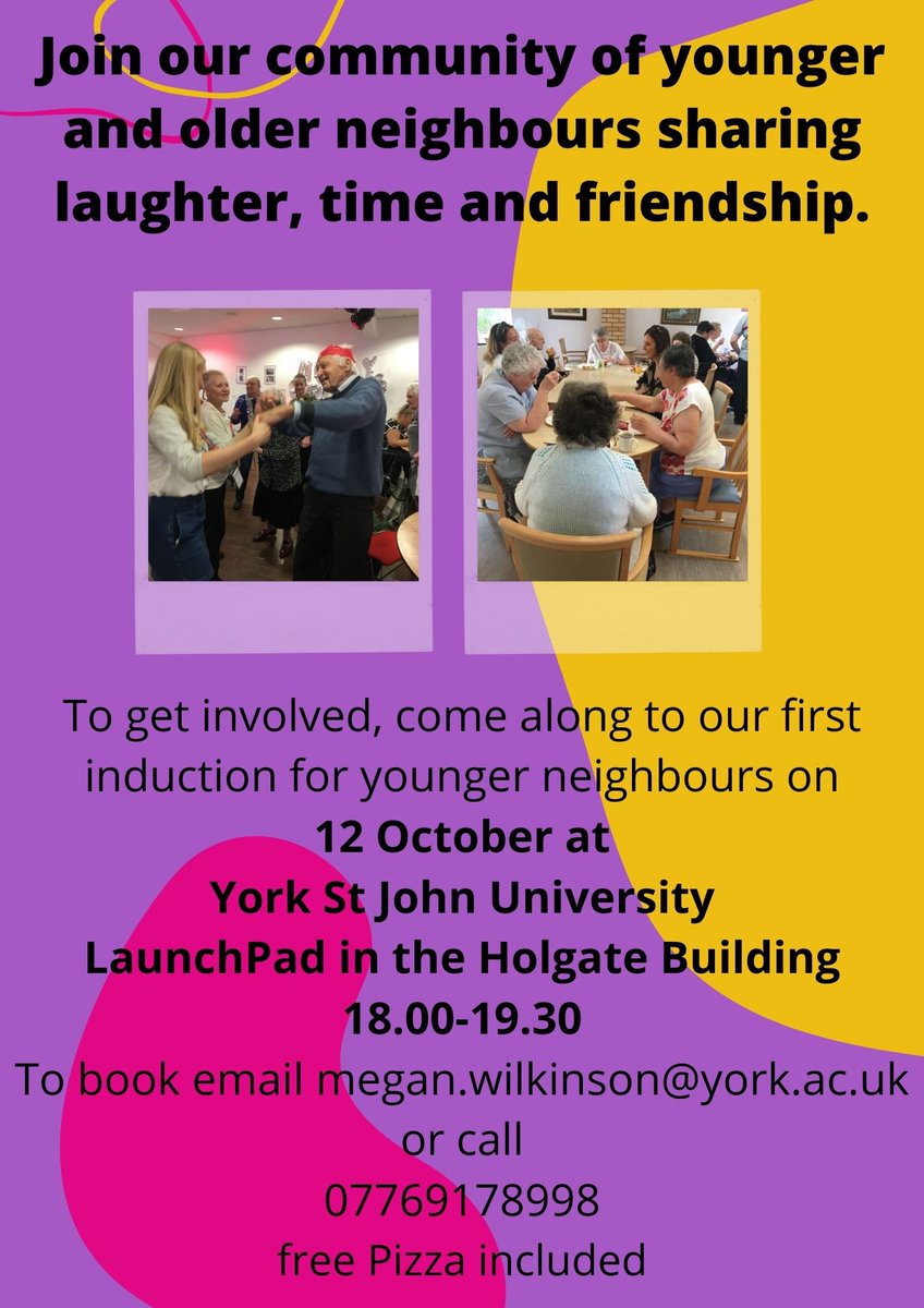 We are excited to launch our Social Clubs pilot with <a href="/TheCaresFamily/">The Cares Family</a> <a href="/CityofYork/">City of York Council</a> bringing together younger &amp; older neighbours sharing laughter, time and friendship. Our first younger neighbour induction is happening on 12th October <a href="/YorkStJohn/">York St John University</a> Sign up here ow.ly/LikR50KPX9Y