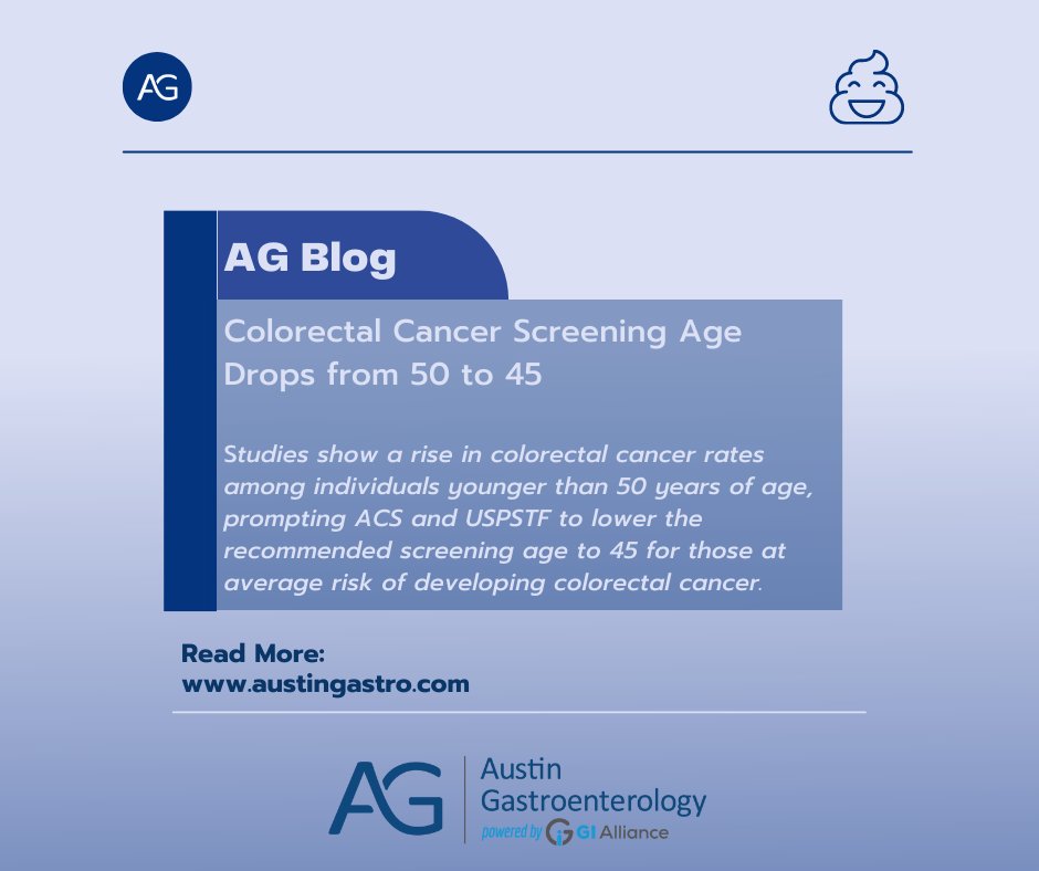 AustinGastro's tweet photo. You've likely heard that the screening age for colorectal cancer has dropped from 50 to 45, but why? And what does this mean? We covered everything you need to know in this blog: https://t.co/079L9LN1MU #KeepAustinScreened #ColorectalCancerAwareness #CRC https://t.co/qUySmghbRX