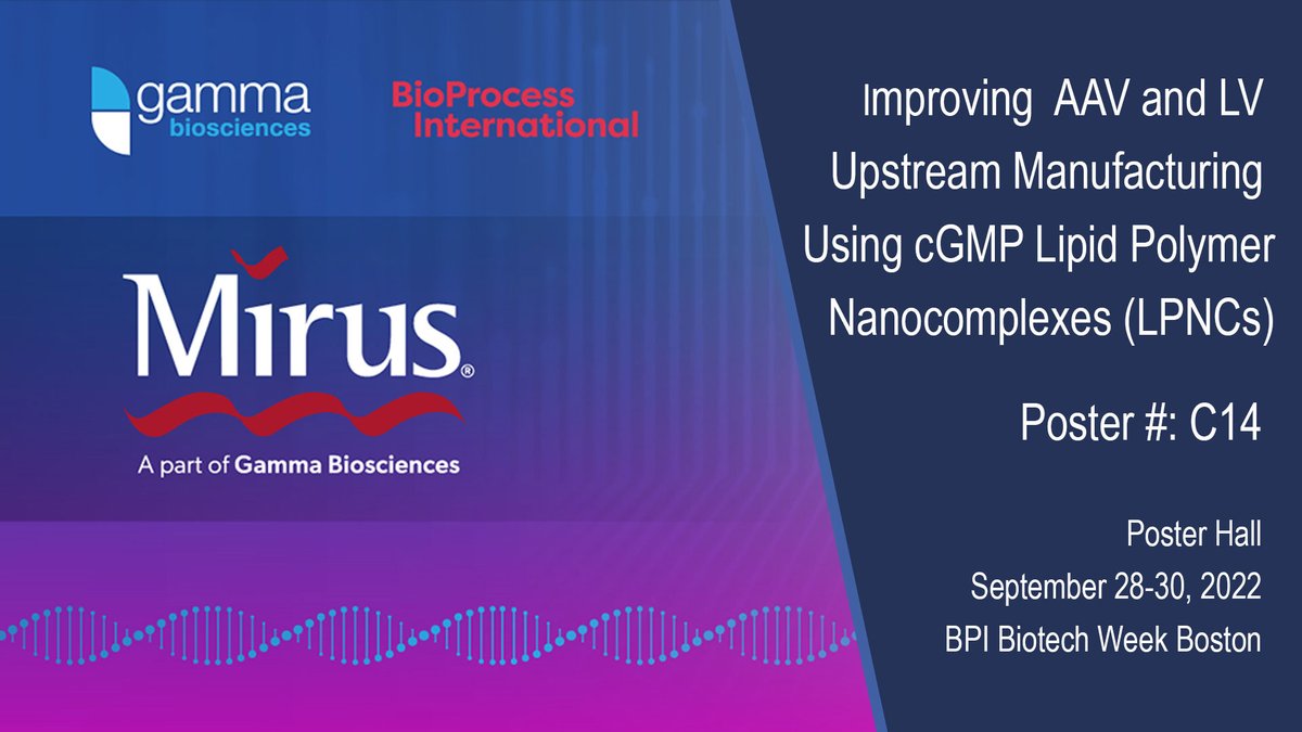 Mirus_Bio's tweet photo. Improved process yields are critical to enable cost-effective manufacturing.
Visit the Poster Hall at BPI Boston and stop by Poster #: C14 to view the details and obtain a thumbnail copy - while supplies last.
#MirusBio #GammaBio #BPICONF https://t.co/4RG9Os61pZ