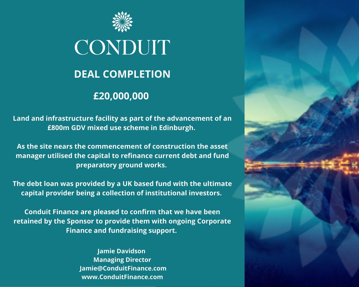 The latest deal to complete at Conduit Finance.

A great project to work on &amp; pleased to say we'll be continuing to work with this client to provide them with ongoing #corporatefinance &amp; #fundraising support.

#edinburghproperty #edinburghbusiness #investmentfinance #debtadvisory