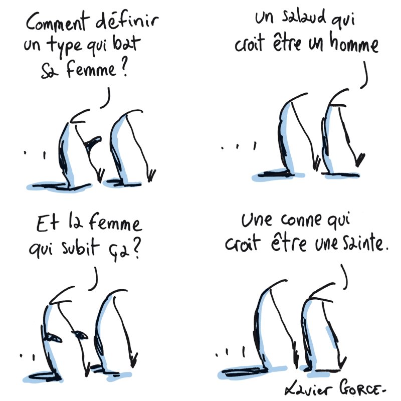 Litteul_Kevin's tweet photo. @XavierGorce Être compréhensif
Dessin de 2o15 – les femmes battues se prennent pour des saintes – par @XavierGorce.

Il était sûrement comme Frédéric Beigbede à cette époque... https://t.co/oveY9arDDm