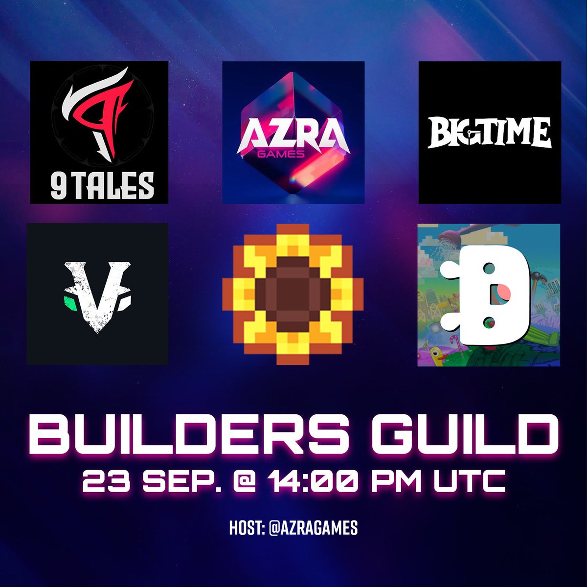 Join <a href="/9tales_NFT/">9Tales</a>, <a href="/AzraGames/">Azra Games</a>, <a href="/playbigtime/">Big Time</a>, <a href="/LegendsOfVenari/">Legends of Venari</a>, <a href="/0xSunflowerLand/">Sunflower Land</a>, and <a href="/degenheim/">Degenheim</a> as we talk about community in gaming and web3. 

23 September @ 14:00 UTC

Builders Guild Episode 2:
x.com/i/spaces/1BRJj…