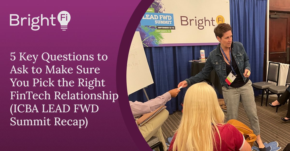 BrightFi_Serv's tweet photo. BrightFi’s Allison Murray and Eva Kühnert recently attended the @ICBA #LEADFWD Summit 2022, leading a “Whiteboarding with Experts” discussion. Building on that dialogue we’ve put together five key questions to pick the right FinTech. Check it out here: 

https://t.co/6joDcQT5qP https://t.co/Evppepvvax