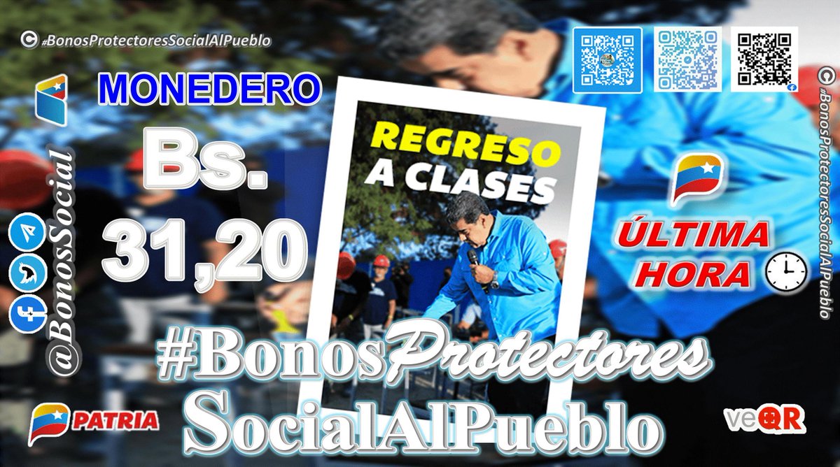 BonosSocial's tweet photo. 📢 #ÚLTIMAHORA: Inicia la entrega del Bono Regreso a Clases enviado por nuestro Presidente @NicolasMaduro  a través del Sistema #CarnetDLaPatria. 

📌 La entrega tendrá lugar entre los días #22sep al #30sep de 2022.

@BonosSocial 
#CuídateYRefuerzaTuVacuna https://t.co/i8YTml4DRW