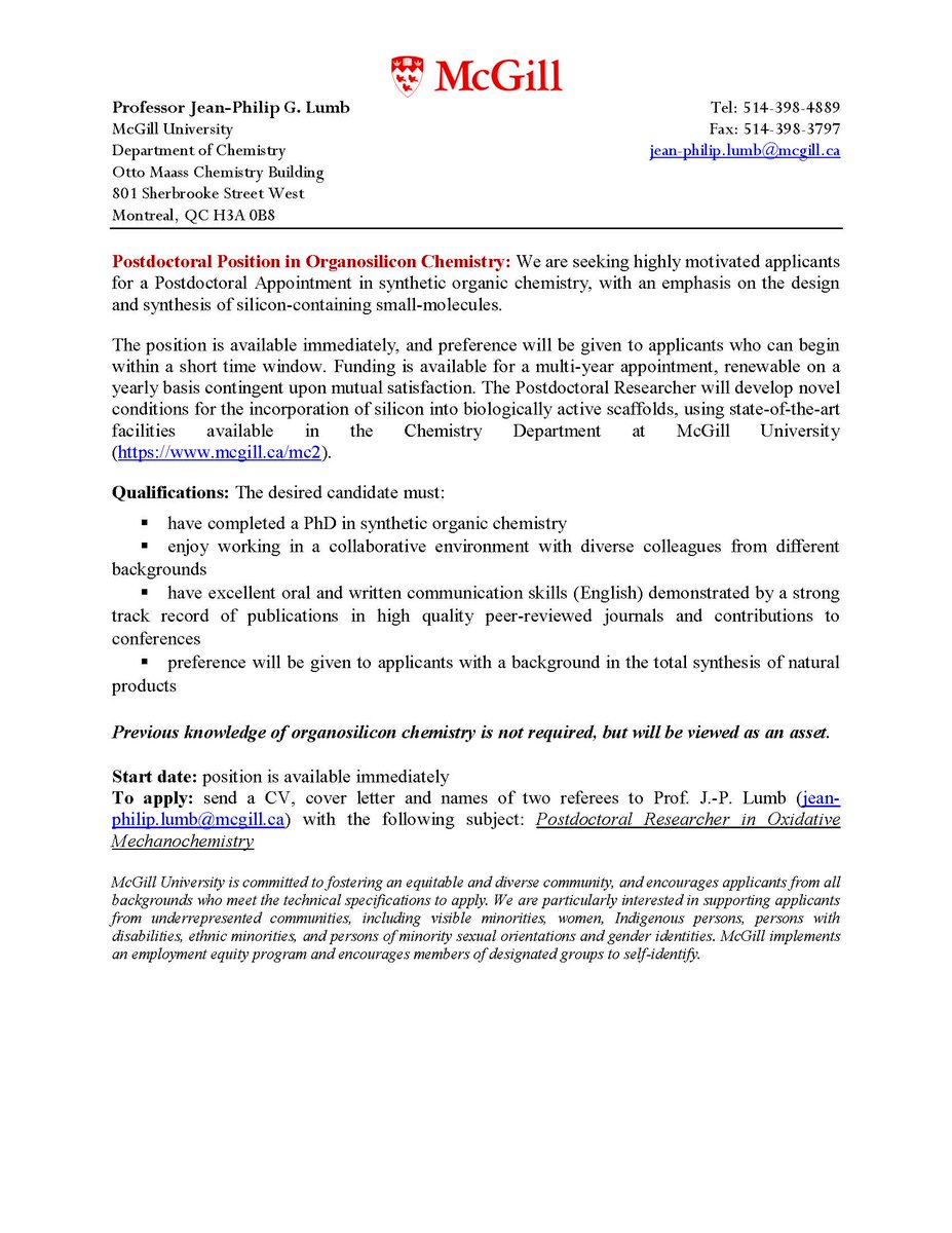 The @LumbGroup @McGillChemistry is working with @fuzionaire to expand the use of silicon in small-molecules. We're looking for #postdocs with experience in synthetic organic chemistry to join us: see job posting for details. Please spread the word.