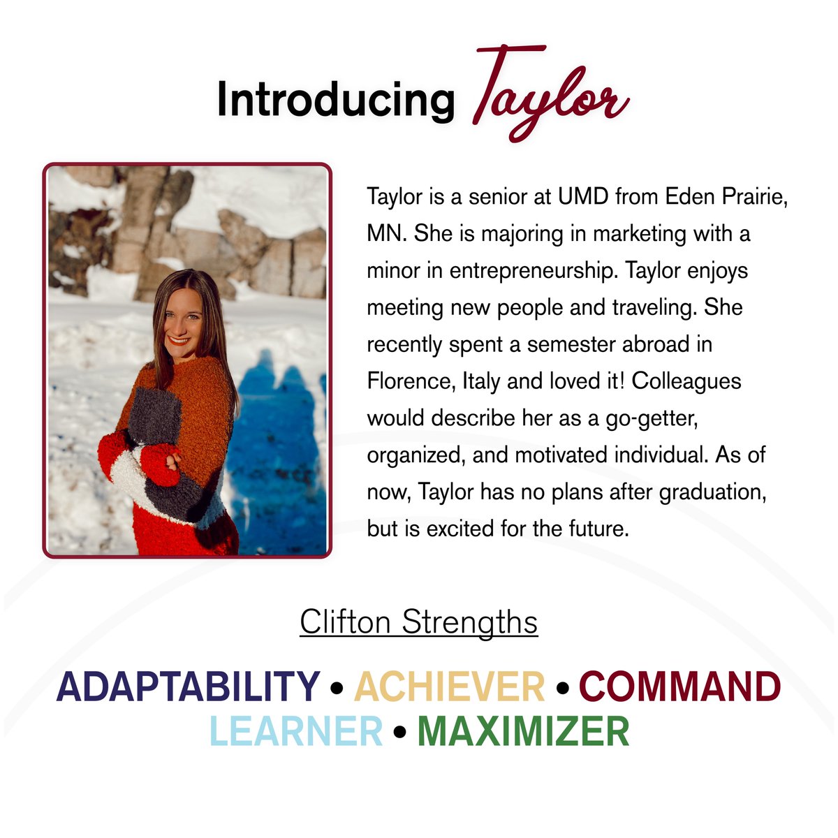 Next up, we have Taylor Buehler! Taylor is the Sponsorship Director. She is in charge of contacting, communicating, and developing relationships with sponsors. 
#UMD #umdduluth #duluthmn #entrepreneurship