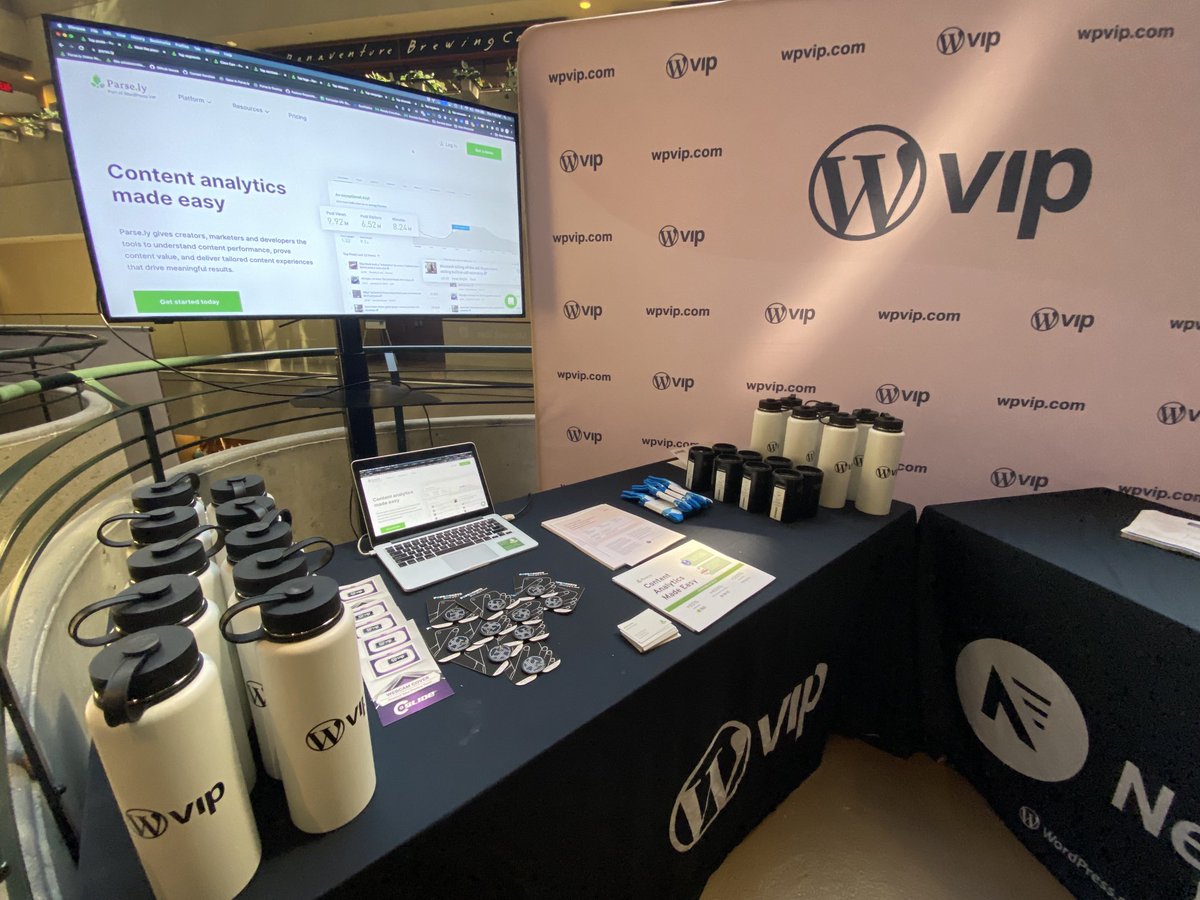 Come on up to the jogging track and pick up some ⁦<a href="/WordPressVIP/">WordPress VIP</a>⁩ and ⁦<a href="/parsely/">Parse.ly</a>⁩ swag. Hangover kits have just been restocked! #ONA22