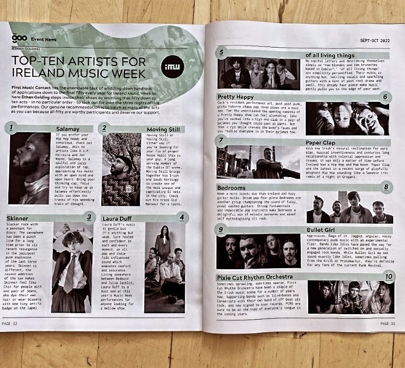The_Idiot_Kid's tweet photo. If you’re hitting the streets for @IrlMusicWeek grab a copy of @theGOOdublin for my run down of 10 unmissable acts
@salamay_music @skindizzle_ @lauraduffmusic @prettyhappyband @Bedroomsband @bulletgirlband @oaltband @p_c_r_o #MovingStill #PapaerClap #IrelandMusicWeek https://t.co/jBHIo0WhBp