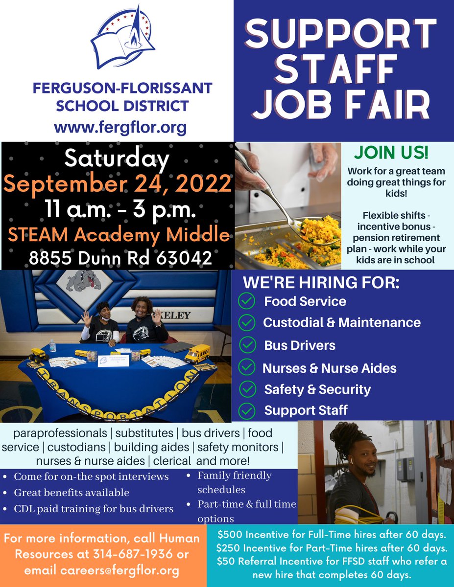 NorthCounty_Inc's tweet photo. THIS SATURDAY! Need a job or know someone who does? If so, make plans to attend the Ferguson-Florissant School District Support Staff Job Fair from 11 a.m. - 3 p.m. Saturday, Sept. 24, at STEAM Academy Middle (8855 Dunn Road 63042). https://t.co/8JF6PGCWuM
