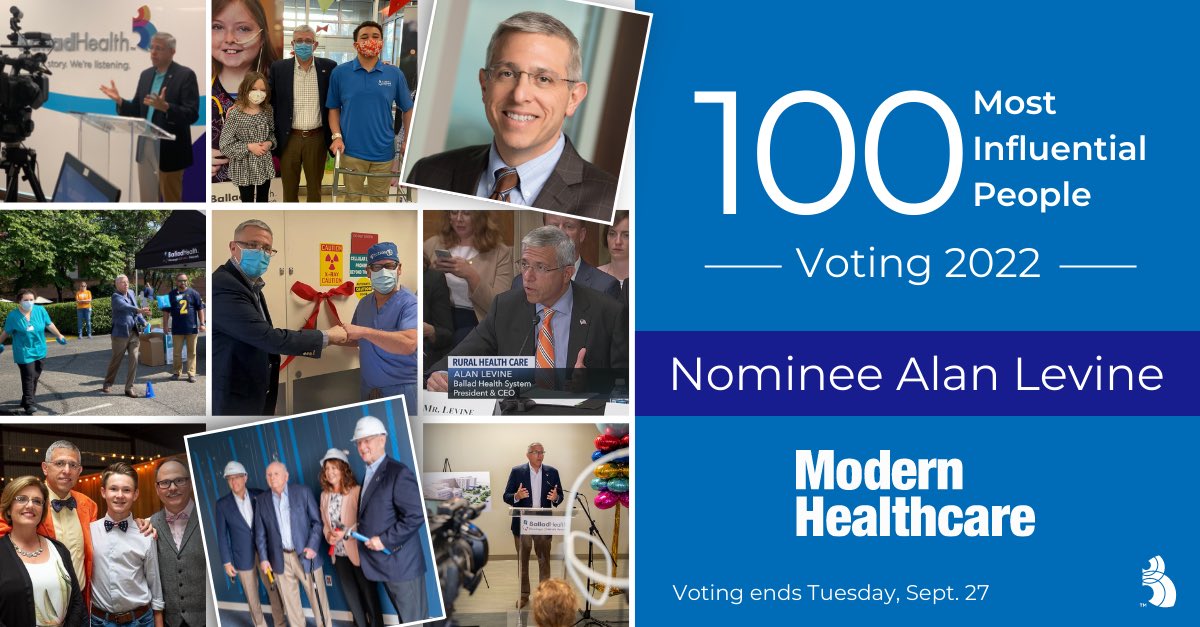 Ballad Health (@balladhealth) on Twitter photo Ballad Health Chairman and CEO <a href="/alevine014/">Alan Levine</a> is nominated as one of <a href="/modrnhealthcr/">Modern Healthcare</a>’s Top 100 Most Influential leaders.
Visit 🔗 lnkd.in/eQFwPtRc to cast your vote today!
Voting ends on Tuesday, Sept. 27 at 11:59 p.m. PT. #balladproud Ballad Health Chairman and CEO <a href="/alevine014/">Alan Levine</a> is nominated as one of <a href="/modrnhealthcr/">Modern Healthcare</a>’s Top 100 Most Influential leaders.
Visit 🔗 lnkd.in/eQFwPtRc to cast your vote today!
Voting ends on Tuesday, Sept. 27 at 11:59 p.m. PT. #balladproud