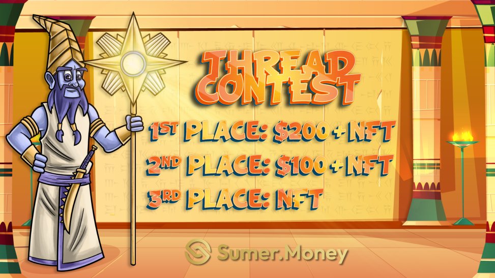 SumerMoney's tweet photo. 🏆It's time for a Thread Contest: share your knowledge about Sumer protocol - win prizes &amp; get whitelisted!

To enter:
1. Quote this tweet
2. Describe https://t.co/8yhuTvgskX and use #Sumer, #suETH, #suBTC, #suUSD along with $ETH $BTC $USD
3. Follow @SumerMoney &amp; join our Discord https://t.co/5fmmsZv9VG