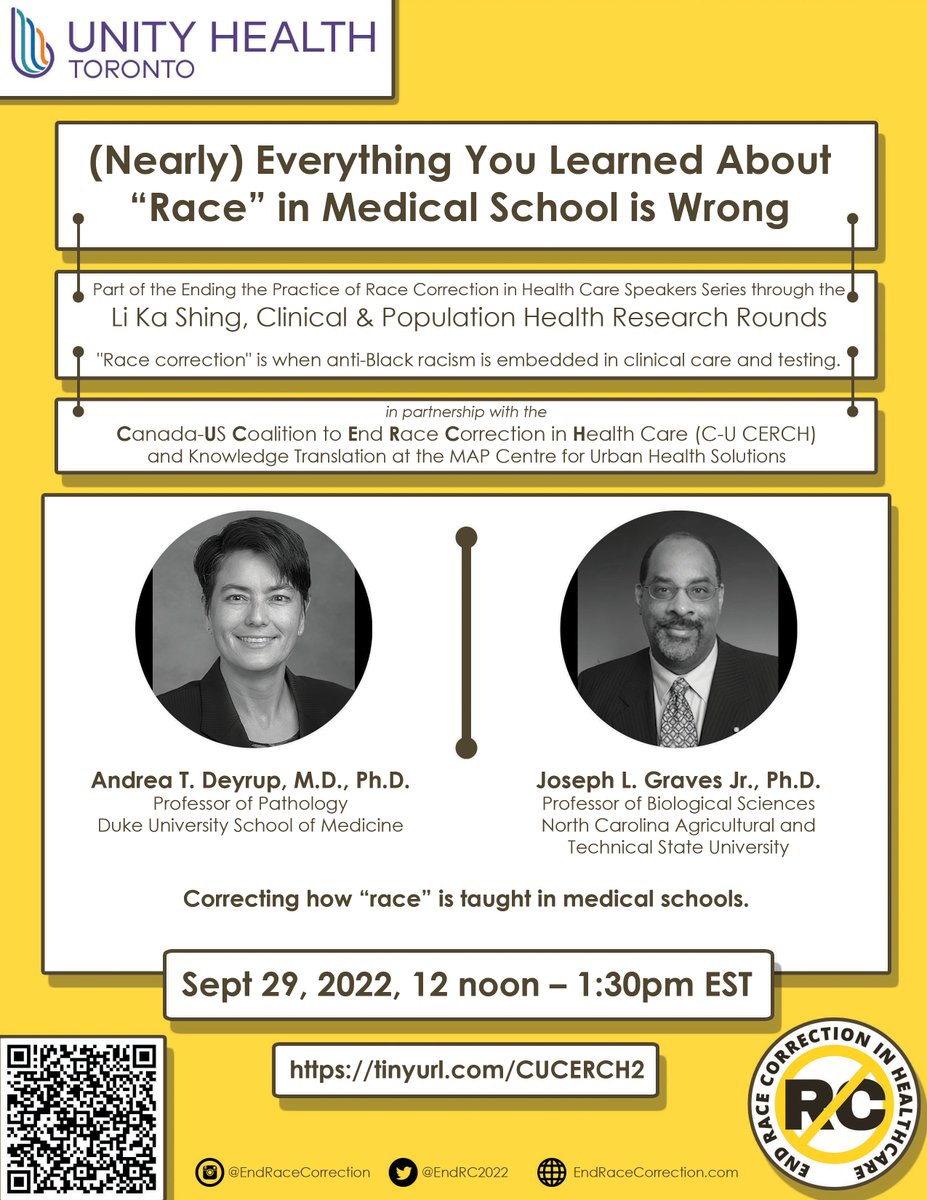 Tune in for the Ending the Practice of Race Correction in Health Care series on Sept. 29 at 12PM. Race Correction occurs when anti-Black racism is embedded in clinical processes. Learn how the concept of 'race' is misused in medical education & practice: eventbrite.ca/e/nearly-every…