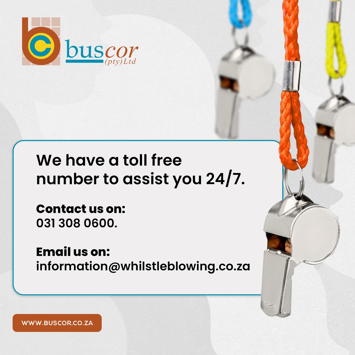 BuscorPtyLtd's tweet photo. We make it simple for the community to #ShareYourThoughts by blowing a whistle on the service you receive from our drivers whilst on our buses.
#BuscorPtyLtd #BuscorOfficial #BuscorTransport #WhistleBlowing #BlowYourWhistle #BuscorCares #Mpumalanga #SouthAfrica https://t.co/toTzmadsMz