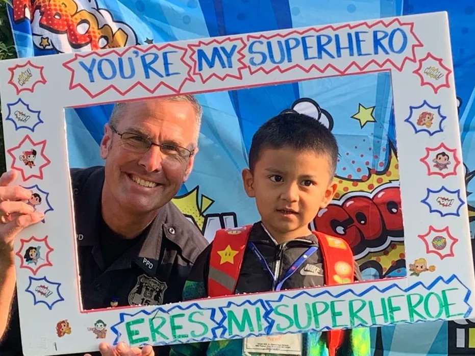 peekskillpolice's tweet photo. Just a couple of our superheroes here! PO Jones and PO Lalindez celebrating back to school with our Uriah Hill students.💙 

#CommunityPolicing 
#PeekskillPolice https://t.co/BTQ0fzqtu1
