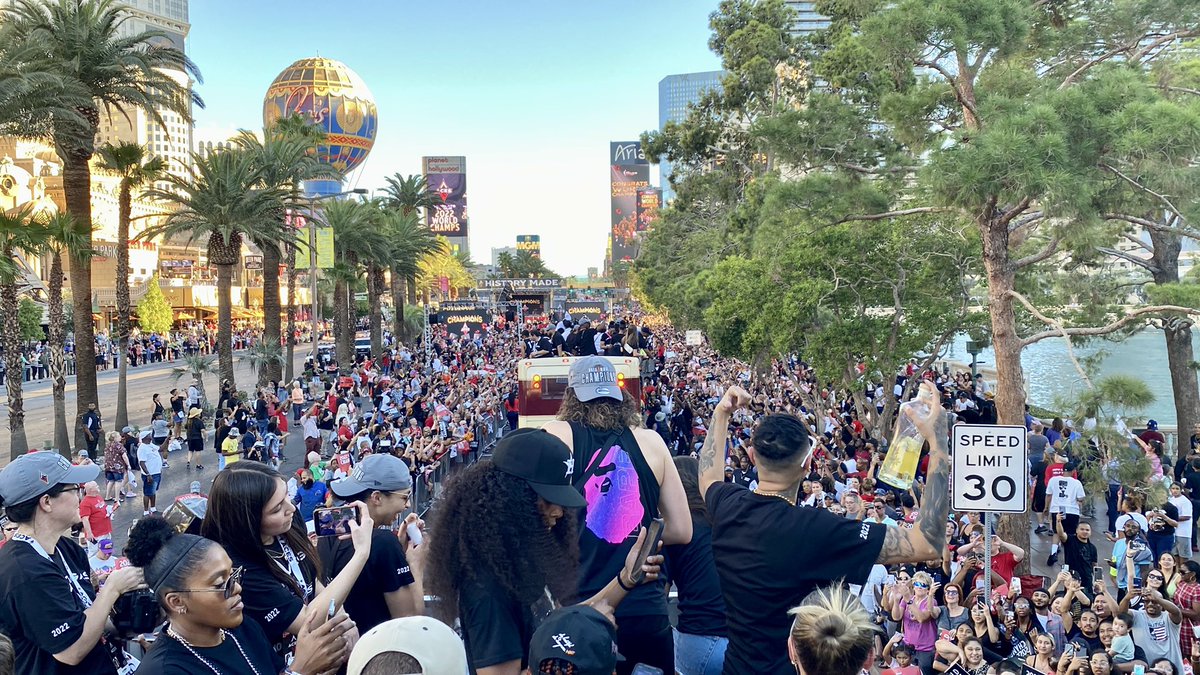 LVRED's tweet photo. What a way to end the season for this team and staff as World Champs! Las Vegas definitely brought the party for sure!♦️Fortunate the boys and I were able to share in this moment with daddy and the team. ❤️🖤#2022 @LVAces #WNBAChampions #RaiseTheStakes https://t.co/BtYDIjGcvs