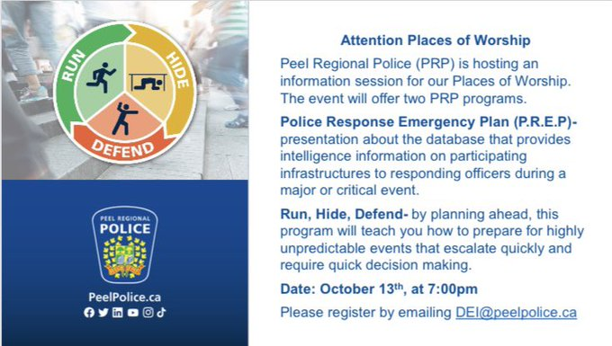 🚨Attention Places of Worship!  @PRPCrimePrev and <a href="/PRPInclusion/">PRP Diversity, Equity & Inclusion</a> are hosting an info session specifically for Places of Worship.  The session will include our P.R.E.P. and Run, Hide, Defend programs.  Please register by emailing DEI@peelpolice.ca #runhidedefend #communitysafety