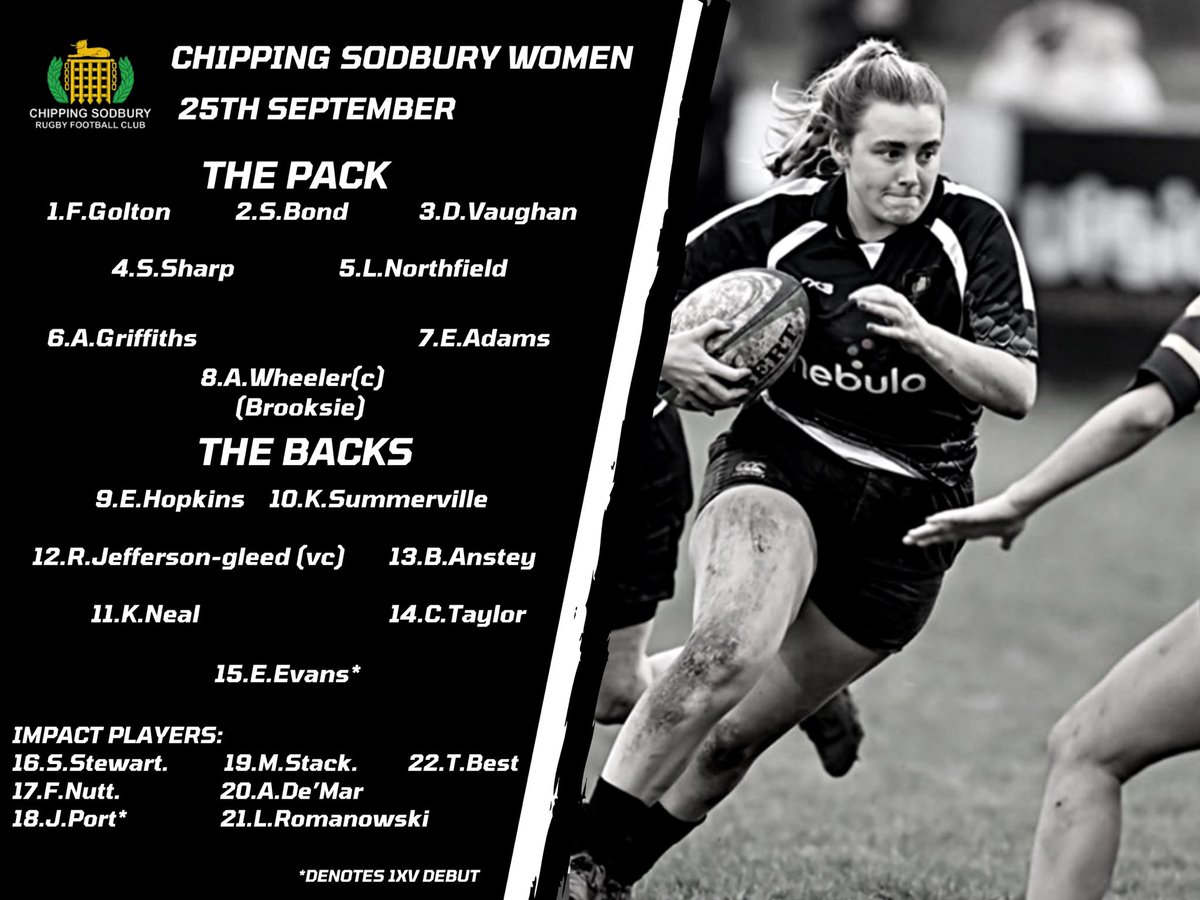CSRFC_women's tweet photo. SQUAD ANNOUNCEMENT
Here it is. Your CSRFC Women’s squad ready to face @tewkesburyrfcwomen at home this SUNDAY 25th with a 14:30 KO
Get out and show your support during the first league game of the 22/23 season!
#chippingsodbury #csrfc #womensrugby #womensrugbyunion #grfu https://t.co/8bsZZtrf6E