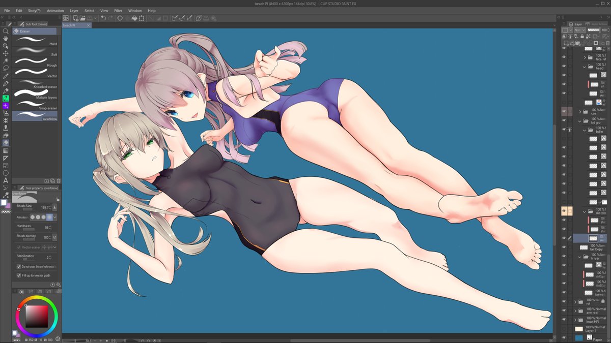 yuri_factory's tweet photo. Draft for swimsuit costume, what else one's gonna wear in a space fleet battle right 😎

 Did some of the coloring on Android version of clip studio paint. Oddly the file size is smaller when I export it back to PC format.

#gamedevelopment  #sfg https://t.co/p3IFy6eee6